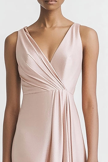 Pink Satin V Neck Sheath Ruched Long Formal Dress